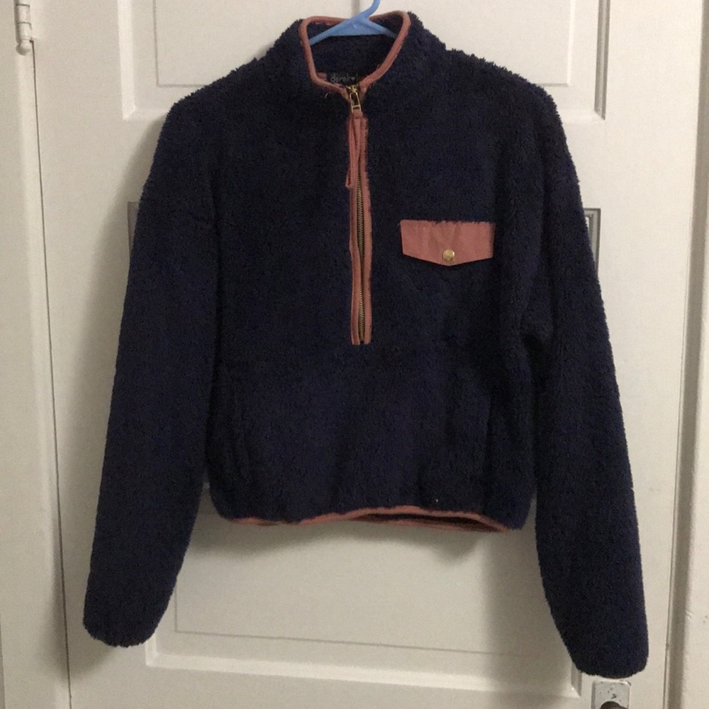 Navy Sherpa Quarter-Zip Pullover with Contrast Trim